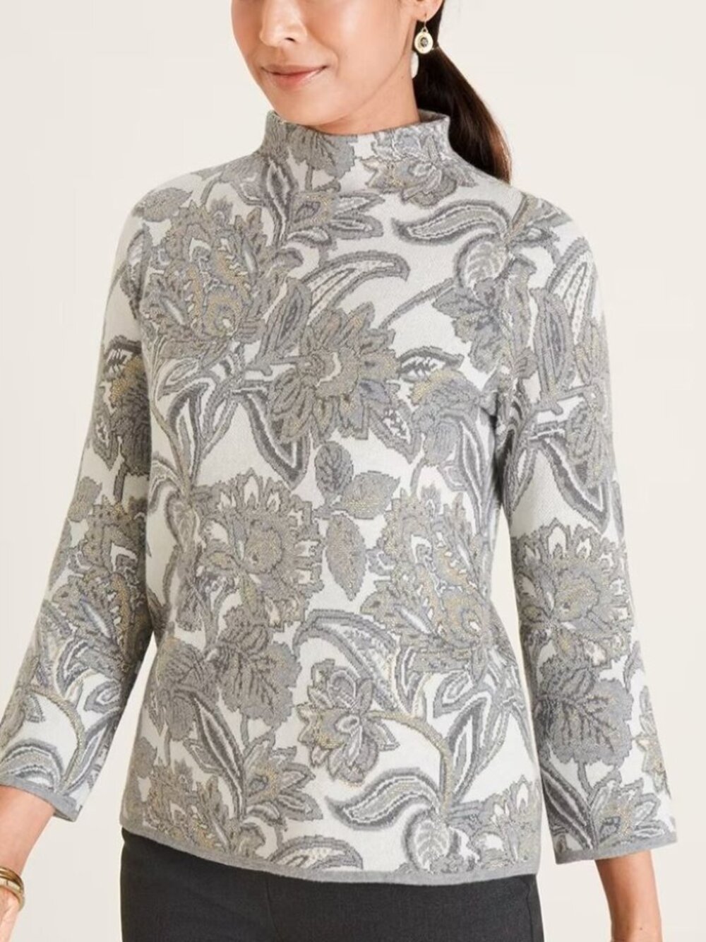 Chico's Grey Gold Floral Mock Neck Zip Back Sweater Size XL